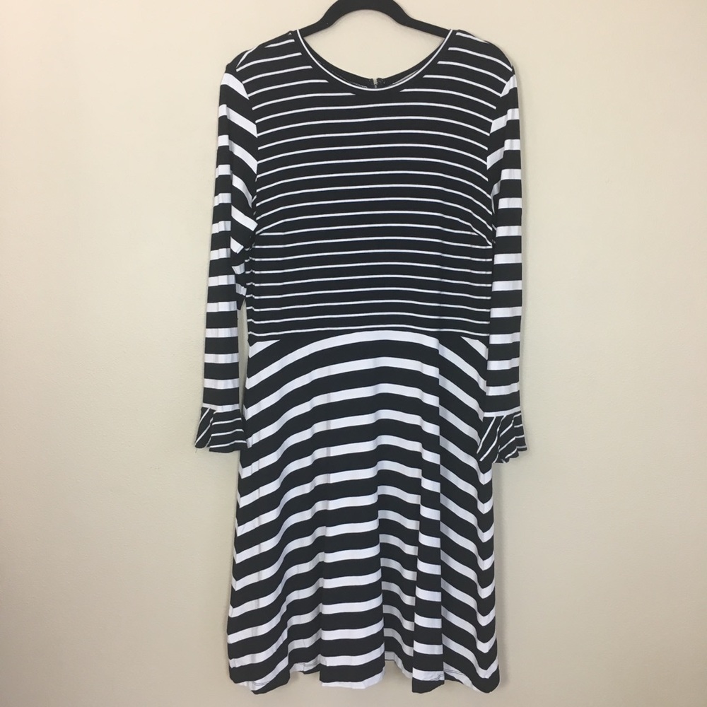 LOFT Black and White Striped Fit and Flare Dress